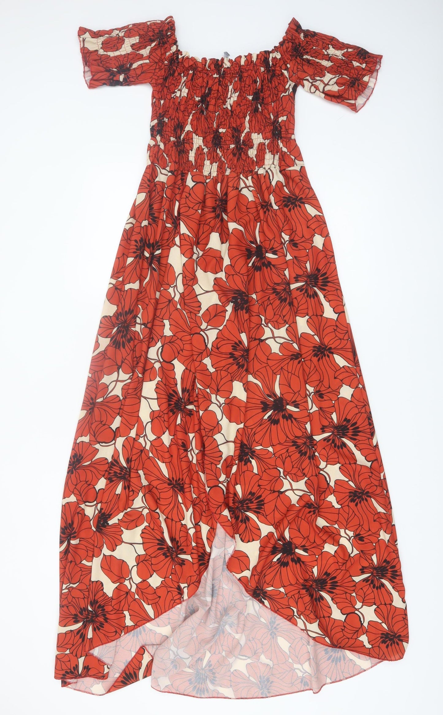 Boohoo Women Red Floral Off Shoulder Hi-Low Maxi Dress Size 16