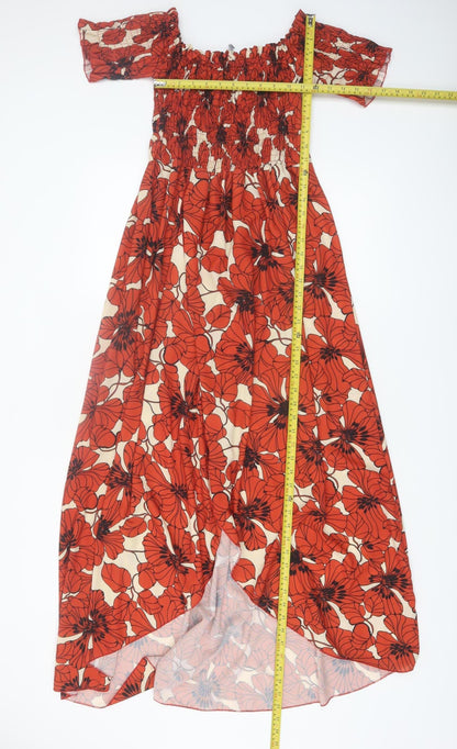 Boohoo Women Red Floral Off Shoulder Hi-Low Maxi Dress Size 16