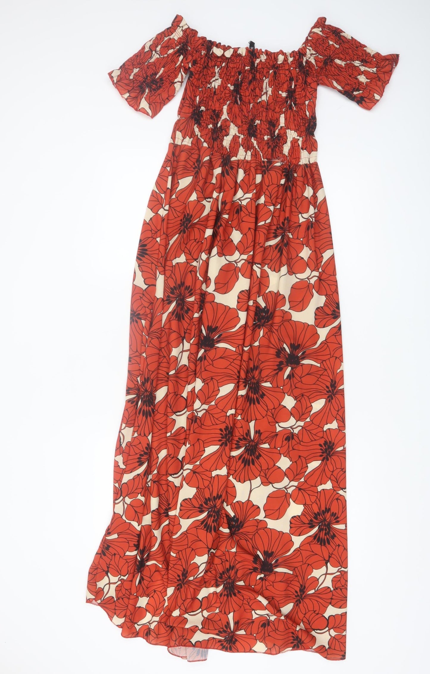Boohoo Women Red Floral Off Shoulder Hi-Low Maxi Dress Size 16