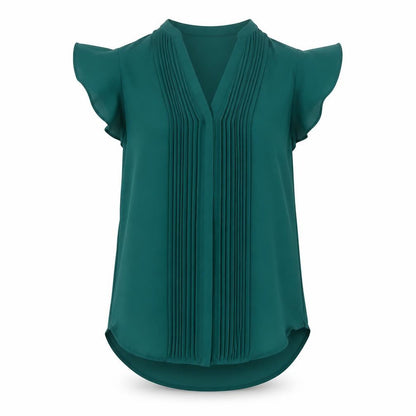 H&M Women's Green Pleated V-Neck Chiffon Tunic Blouse Size 8