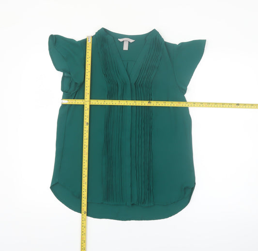H&M Women's Green Pleated V-Neck Chiffon Tunic Blouse Size 8