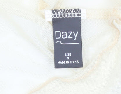 Dazy Women's Beige Roll Neck Mesh Long Sleeve Slim Fit Top Size S