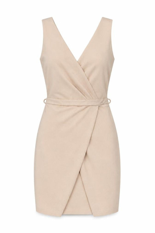 Front view of Miss Selfridge Women's Beige, size 10, Sleeveless Wrap Dress