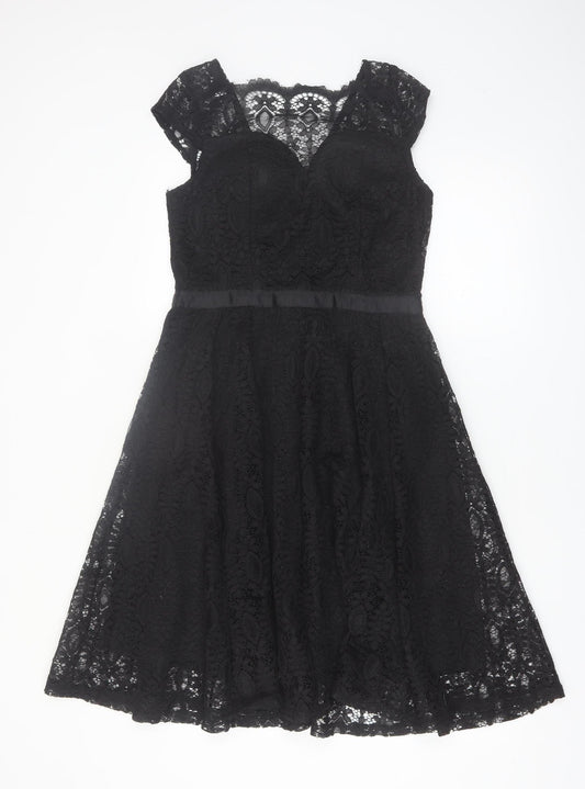 Lucy Wang Womens Black Lace Fit & Flare Knee Length Dress L