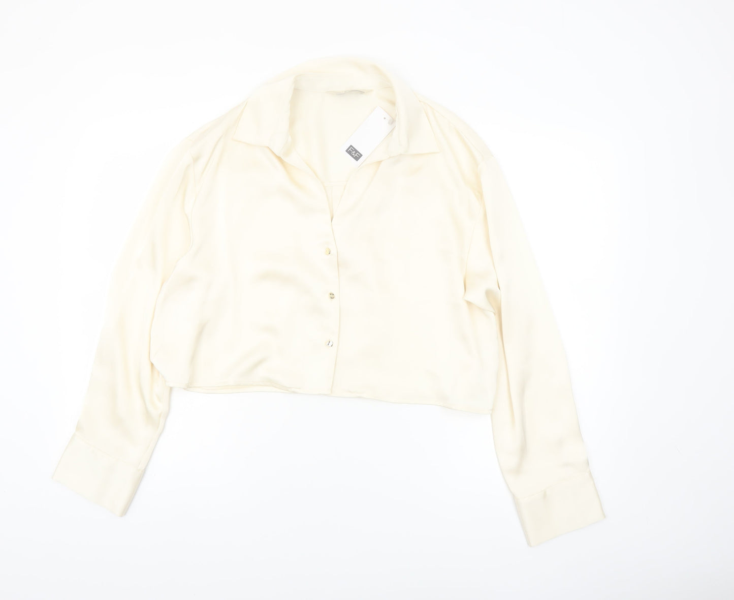 F&F Women’s Ivory Cropped Satin Blouse UK 14 Long Sleeve