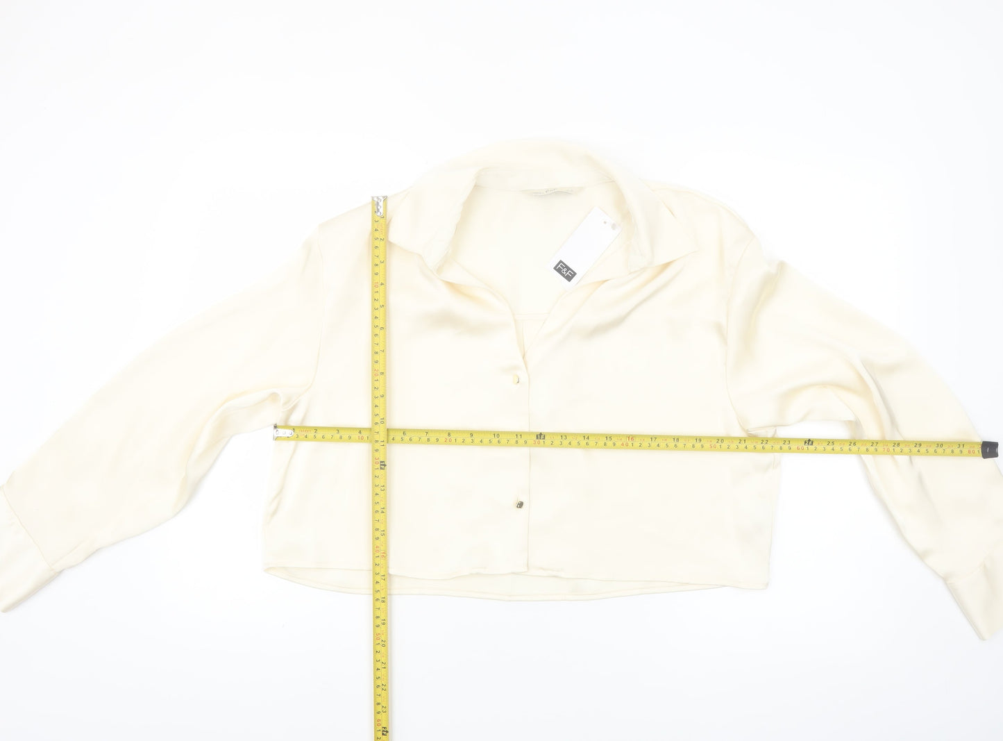 F&F Women’s Ivory Cropped Satin Blouse UK 14 Long Sleeve