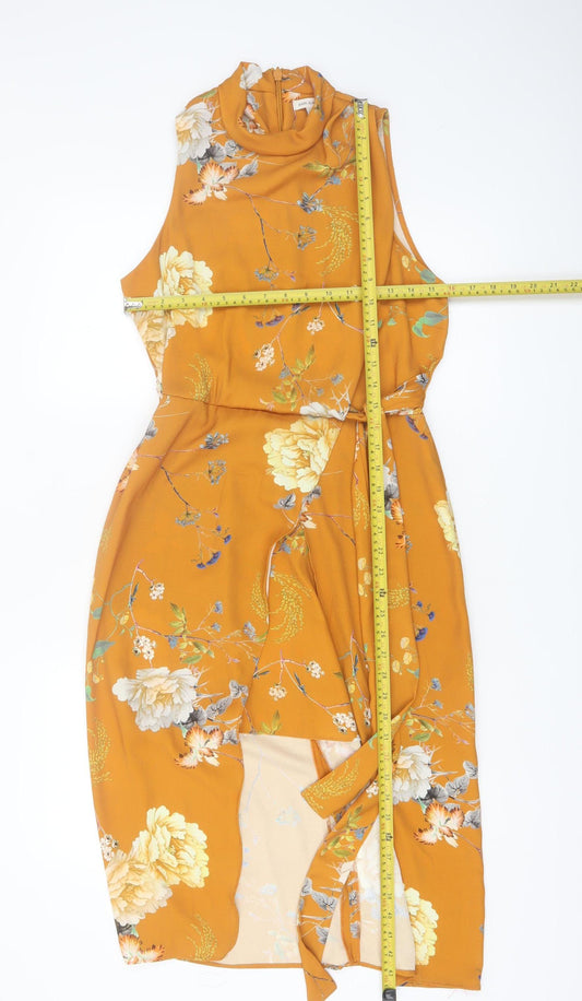 River Island Women's Yellow Floral High Neck Wrap Dress Size 10