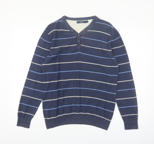 Atlantic Bay Men's Blue Striped Henley Jumper Size S Cotton Knit