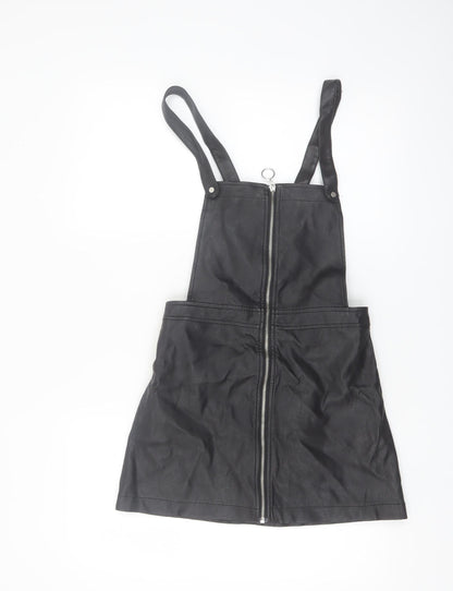 H&M Divided Women's Black PU Pinafore Dress Size 8 Petite Zip Front