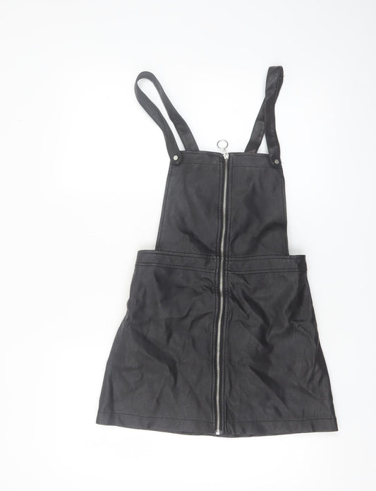 H&M Divided Women's Black PU Pinafore Dress Size 8 Petite Zip Front