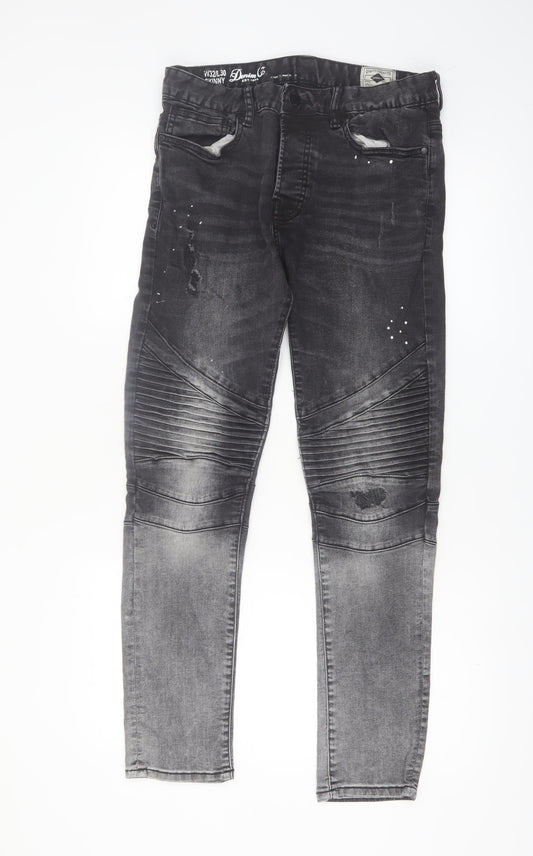 Denim Co Men's Black Skinny Biker Jeans W32 L30 Distressed