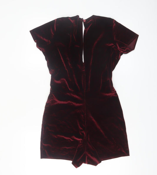 Boohoo Womens Red Velvet Short Sleeve V-Neck Playsuit Size 8