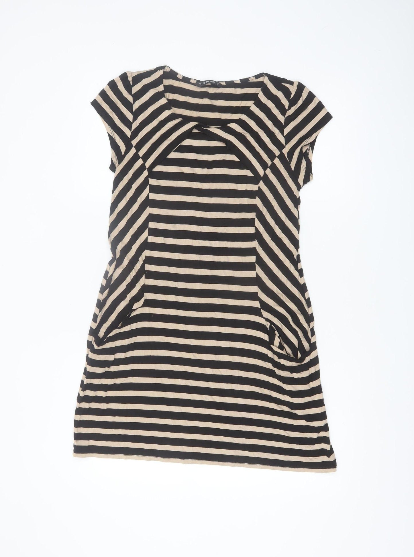 Dunnes Women Black Beige Striped Shift Dress Size 14 Short Sleeve