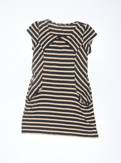 Dunnes Women Black Beige Striped Shift Dress Size 14 Short Sleeve