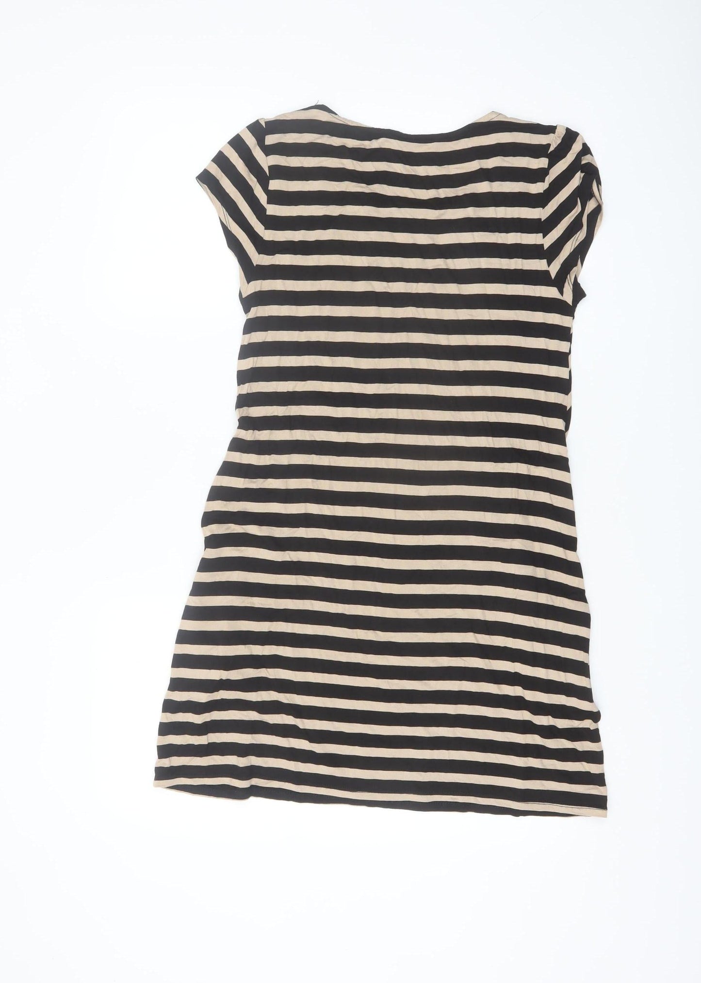 Dunnes Women Black Beige Striped Shift Dress Size 14 Short Sleeve