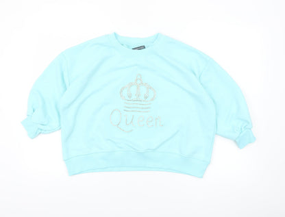 Fashion House Women Blue Crew Neck Pullover Sweatshirt Rhinestone Queen Design Size M