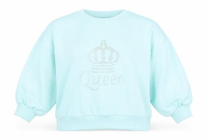 Fashion House Women Blue Crew Neck Pullover Sweatshirt Rhinestone Queen Design Size M