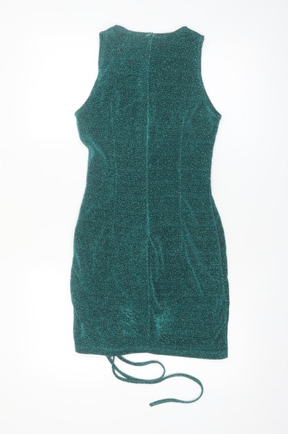 Saint Genies Women’s Green Glitter Ruched Bodycon Sleeveless Dress UK 6
