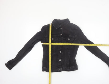Bershka Women Black Denim Basic Jacket XS Collared Button Casual