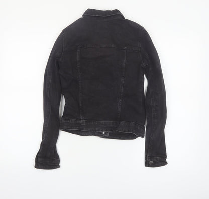 Bershka Women Black Denim Basic Jacket XS Collared Button Casual