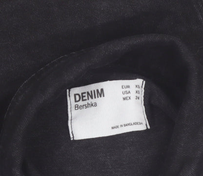 Bershka Women Black Denim Basic Jacket XS Collared Button Casual