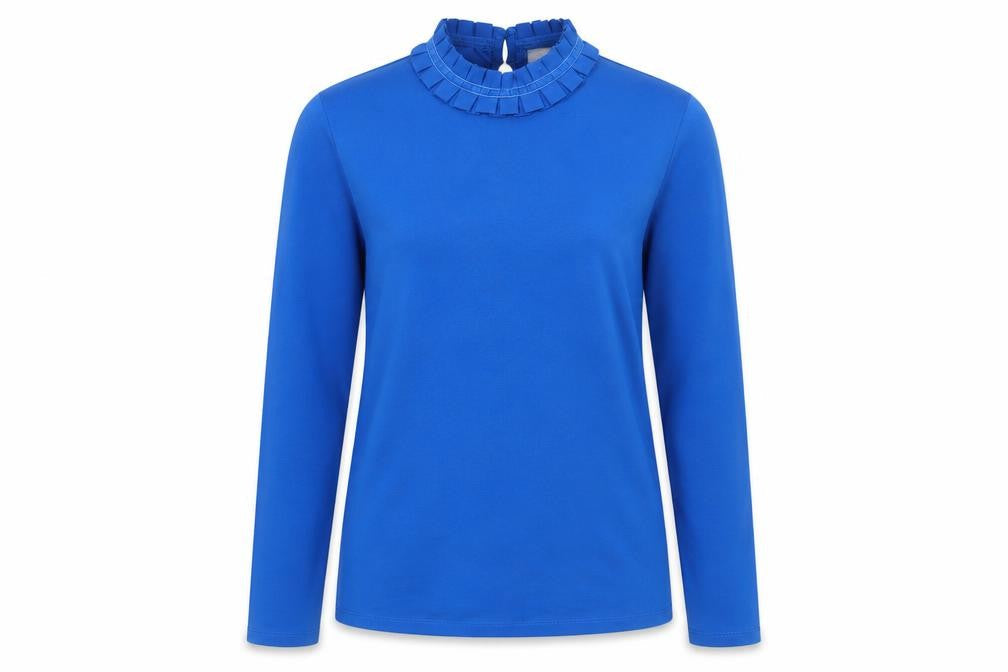 Savida Women Blue High Neck Long Sleeve Ruffle Blouse Size 14