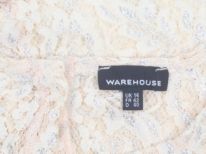 Warehouse Women's Beige Lace Short Sleeve Blouse UK 14