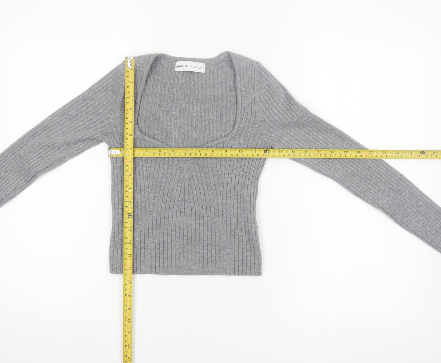 Bershka Women Grey Ribbed Knit Slim Square Neck Jumper Size 8