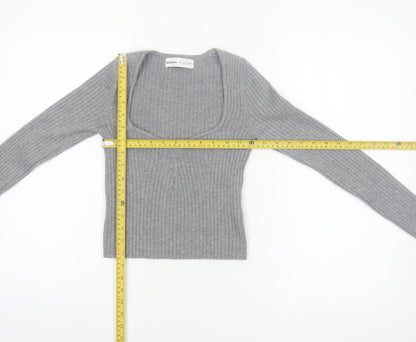Bershka Women Grey Ribbed Knit Slim Square Neck Jumper Size 8