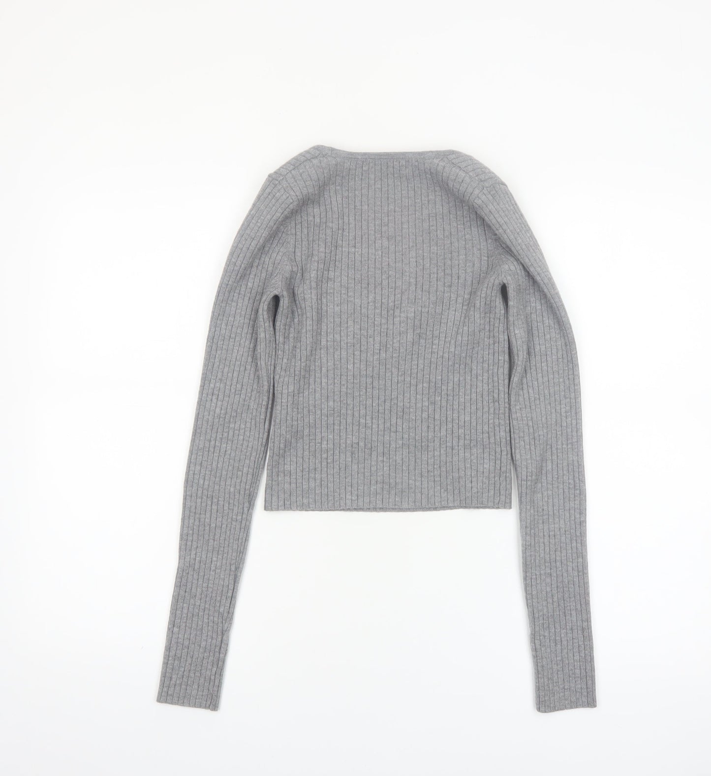 Bershka Women Grey Ribbed Knit Slim Square Neck Jumper Size 8