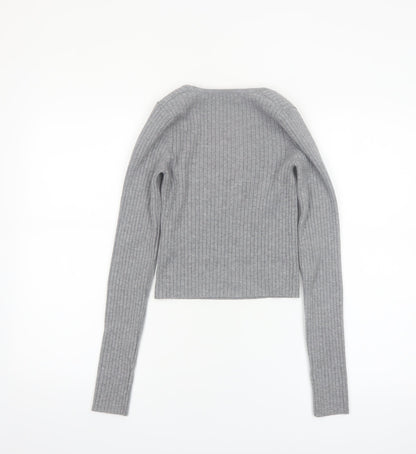 Bershka Women Grey Ribbed Knit Slim Square Neck Jumper Size 8