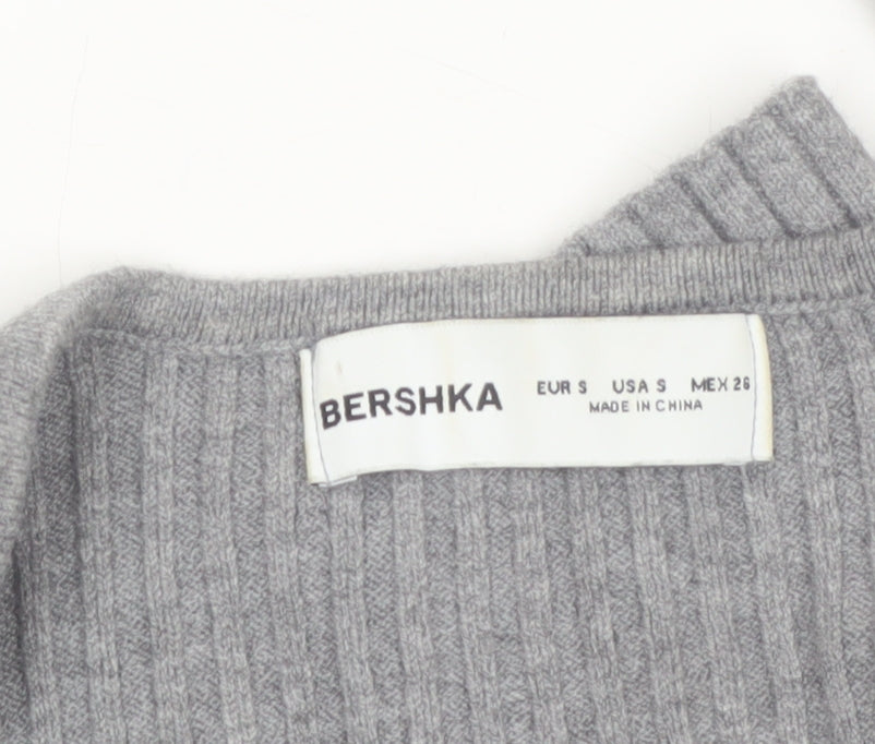 Bershka Women Grey Ribbed Knit Slim Square Neck Jumper Size 8