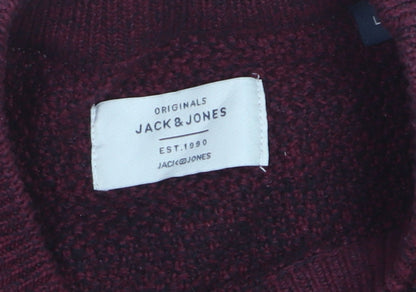 Jack & Jones Men’s Red Knit Cotton Jumper Size L Crew Neck Pullover