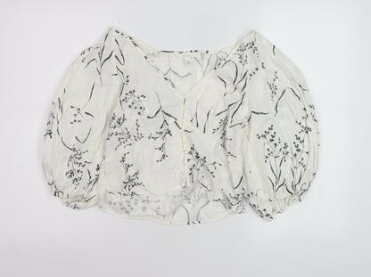 H&M Women’s White Floral Linen Blend Cropped Puff Sleeve Blouse Size 8