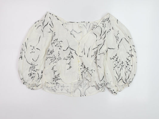 H&M Women’s White Floral Linen Blend Cropped Puff Sleeve Blouse Size 8