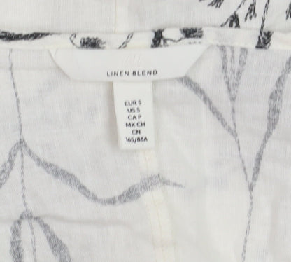 H&M Women’s White Floral Linen Blend Cropped Puff Sleeve Blouse Size 8