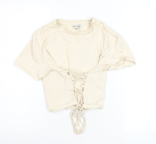 Light Before Dark Women's Beige Cropped Lace Up T-Shirt Size S