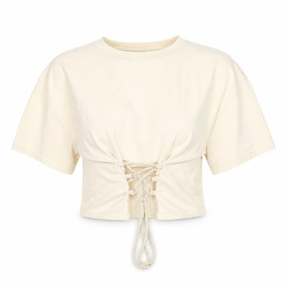 Light Before Dark Women's Beige Cropped Lace Up T-Shirt Size S