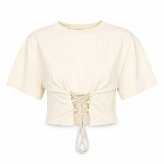 Light Before Dark Women's Beige Cropped Lace Up T-Shirt Size S