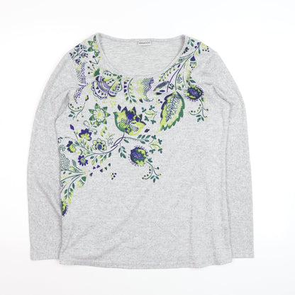 Damart Women's Grey Floral Scoop Neck Long Sleeve Cotton Jumper Size S