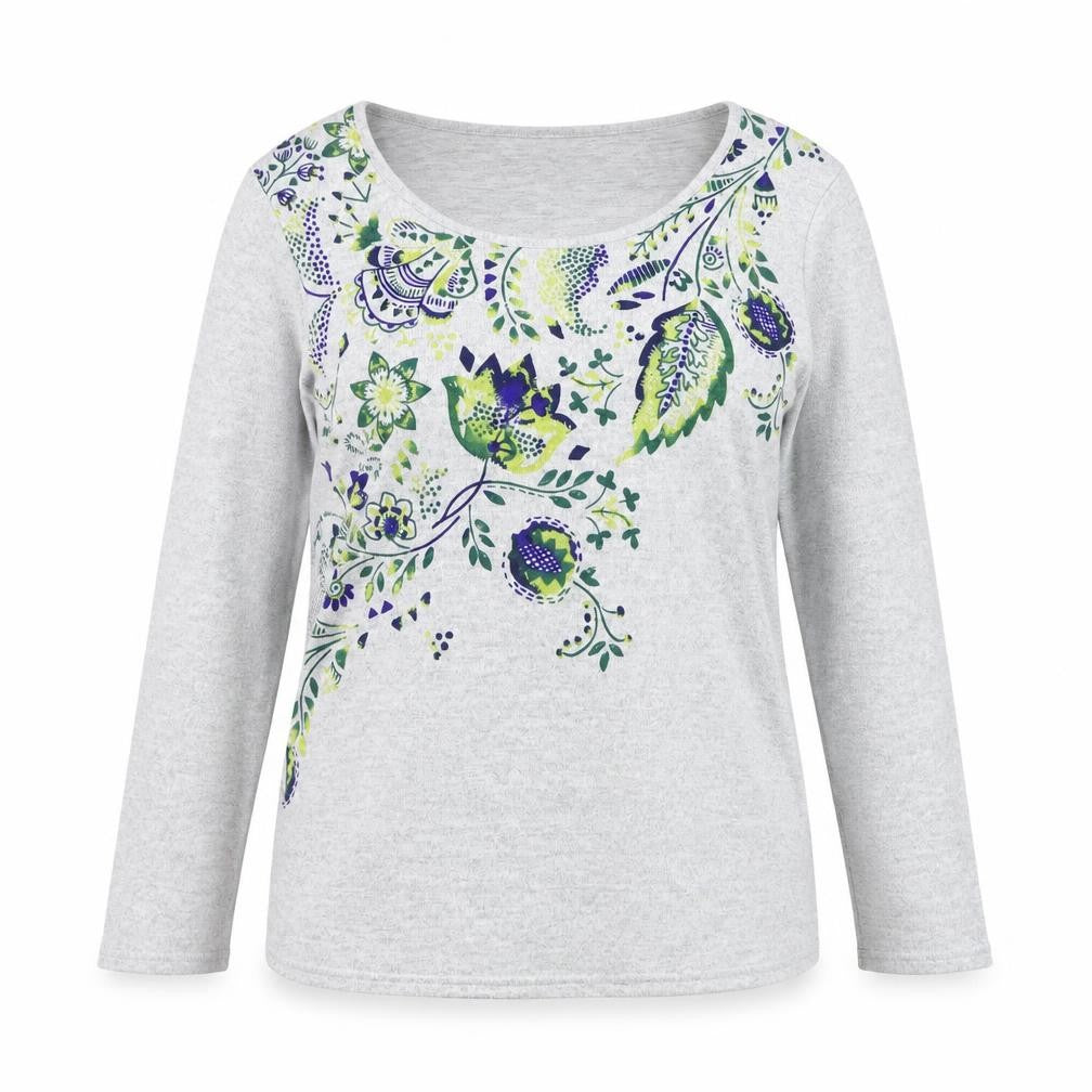 Damart Women's Grey Floral Scoop Neck Long Sleeve Cotton Jumper Size S