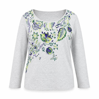 Damart Women's Grey Floral Scoop Neck Long Sleeve Cotton Jumper Size S