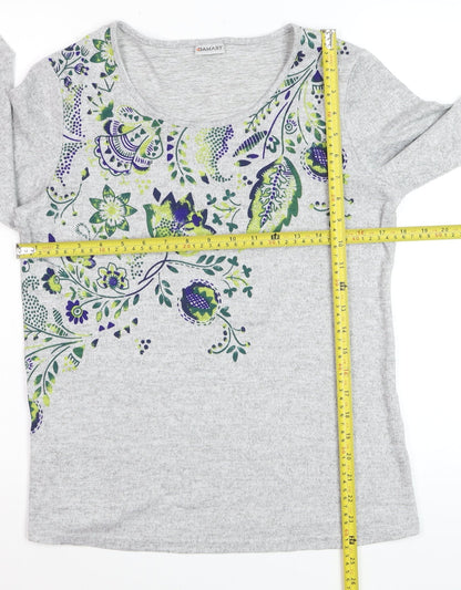 Damart Women's Grey Floral Scoop Neck Long Sleeve Cotton Jumper Size S