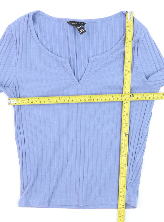 New Look Women Blue Ribbed V-Neck Long Sleeve Slim Jumper Size 12