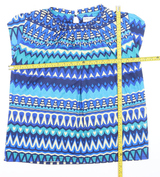 J'aime La Vie Women Blue Geometric Short Sleeve Blouse Size 16