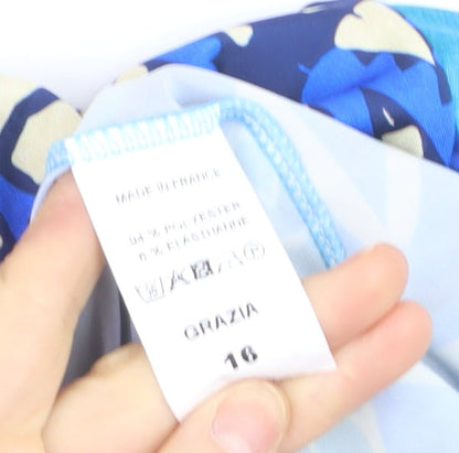 J'aime La Vie Women Blue Geometric Short Sleeve Blouse Size 16