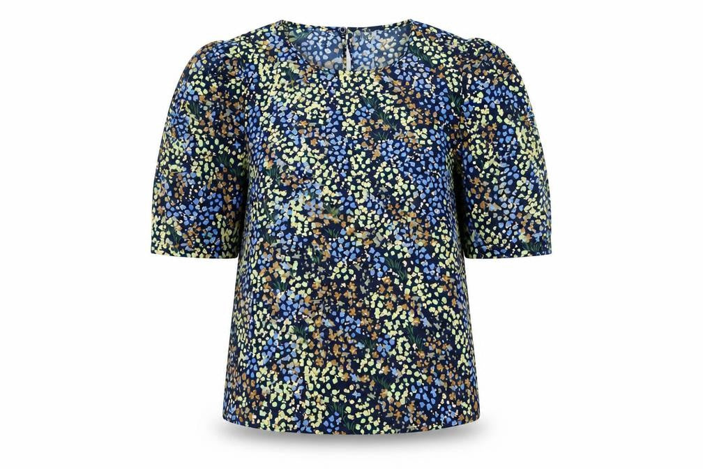 Front view of Jacqueline de Yong Women's Blue Floral Puff Sleeve Blouse, size 12