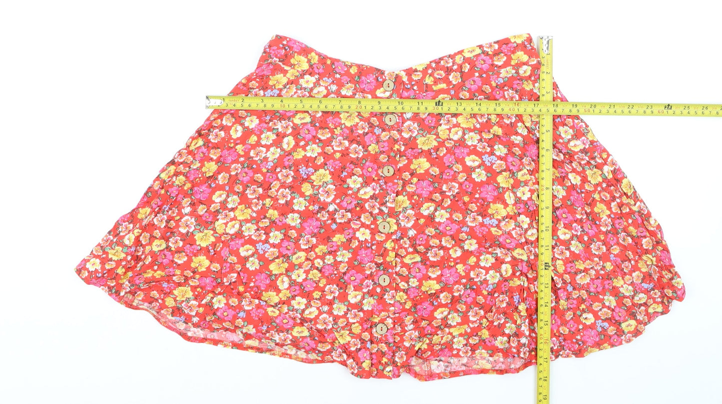 New Look Womens Red Floral A-Line Button Mini Skirt Size 12
