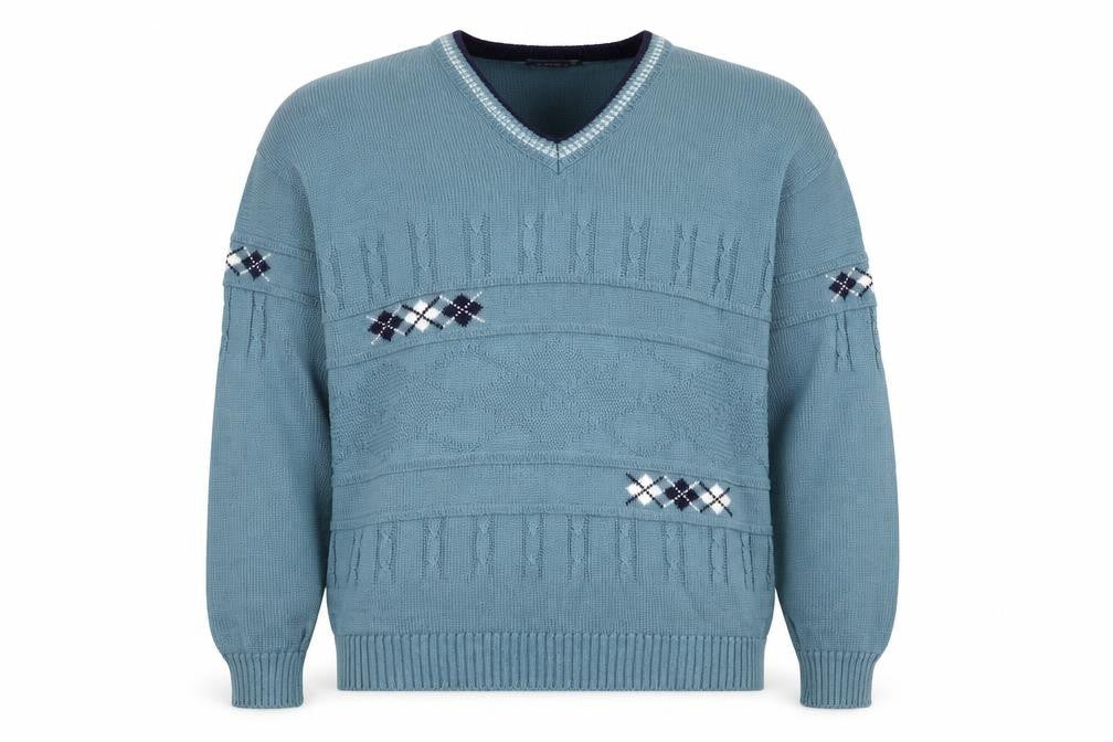 Greenwoods Men’s Blue Argyle Knit V-Neck Pullover Jumper XL