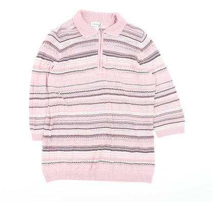Collection L Women's Pink Striped Collared 3/4 Sleeve Knit Jumper Size 16